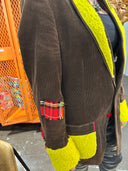 One of kind creation that will make you stand out in this brown corduroy campus jacket with red plaid accent, red buttons & stitching celadon yellow felted wool cuffs and plackets