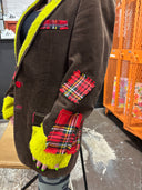 One of kind creation that will make you stand out in this brown corduroy campus jacket with red plaid accent, red buttons & stitching celadon yellow felted wool cuffs and plackets