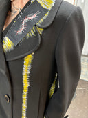 Pea Coat Painted Yellow White seams wrists details with centipede Punk Rock skull