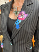 Pinstrip Puff Sleeve Floral Silk Scarf Insert Lapel Frida Kahlo Back Insert