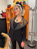 Wide Shawl Collar Coat with Rich Colored Scarf and Velvet Beaded Trim