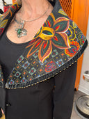 Wide Shawl Collar Coat with Rich Colored Scarf and Velvet Beaded Trim