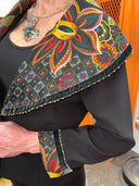 Wide Shawl Collar Coat with Rich Colored Scarf and Velvet Beaded Trim