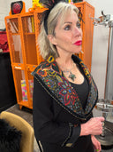 Wide Shawl Collar Coat with Rich Colored Scarf and Velvet Beaded Trim