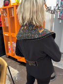 Wide Shawl Collar Coat with Rich Colored Scarf and Velvet Beaded Trim