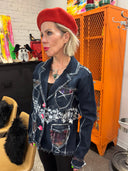 Distressed Denim Jacket - Painted Skull in Pink & White with Gold & Silver Highlights