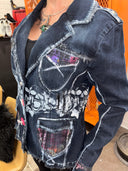Distressed Denim Jacket - Painted Skull in Pink & White with Gold & Silver Highlights