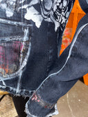 Distressed Denim Jacket - Painted Skull in Pink & White with Gold & Silver Highlights