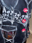 Distressed Denim Jacket - Painted Skull in Pink & White with Gold & Silver Highlights