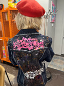 Distressed Denim Jacket - Painted Skull in Pink & White with Gold & Silver Highlights