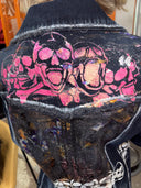 Distressed Denim Jacket - Painted Skull in Pink & White with Gold & Silver Highlights
