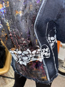 Distressed Denim Jacket - Painted Skull in Pink & White with Gold & Silver Highlights