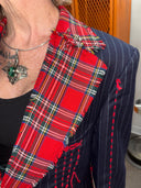 Punk Unisex Jacket - Red Tartan Upcycled Statement Piece with Lettering & Pins