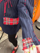 Punk Unisex Jacket - Red Tartan Upcycled Statement Piece with Lettering & Pins