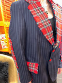 Punk Unisex Jacket - Red Tartan Upcycled Statement Piece with Lettering & Pins