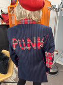 Punk Unisex Jacket - Red Tartan Upcycled Statement Piece with Lettering & Pins