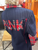 Punk Unisex Jacket - Red Tartan Upcycled Statement Piece with Lettering & Pins