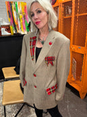 British Tan Punk Rock Jacket - Red Tartan Lapel, Pockets, Patches, Kilt & Safety Pins