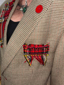 British Tan Punk Rock Jacket - Red Tartan Lapel, Pockets, Patches, Kilt & Safety Pins