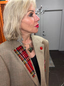 British Tan Punk Rock Jacket - Red Tartan Lapel, Pockets, Patches, Kilt & Safety Pins