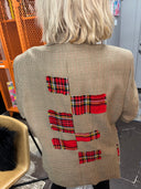 British Tan Punk Rock Jacket - Red Tartan Lapel, Pockets, Patches, Kilt & Safety Pins