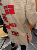 British Tan Punk Rock Jacket - Red Tartan Lapel, Pockets, Patches, Kilt & Safety Pins