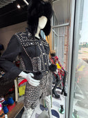 Denim Black & Leopard Studded Shorts & Jacket Set