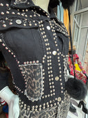 Denim Black & Leopard Studded Shorts & Jacket Set