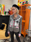 Star and Pink Accent Grey Peplum Jacket - Hand-painted Street Style