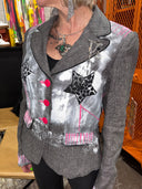 Star and Pink Accent Grey Peplum Jacket - Hand-painted Street Style