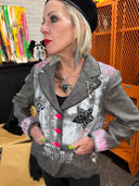 Star and Pink Accent Grey Peplum Jacket - Hand-painted Street Style
