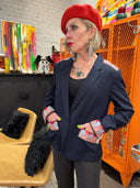 Classic Navy Blazer with Red Batik Silk Scarf Accent - Limited Edition