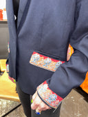 Classic Navy Blazer with Red Batik Silk Scarf Accent - Limited Edition
