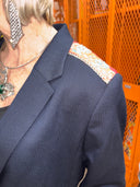 Classic Navy Blazer with Red Batik Silk Scarf Accent - Limited Edition