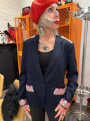 Classic Navy Blazer with Red Batik Silk Scarf Accent - Limited Edition