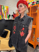 Black Denim Jean Vest - Deep Rose Appliqué