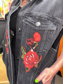 Black Denim Jean Vest - Deep Rose Appliqué