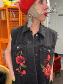 Black Denim Jean Vest - Deep Rose Appliqué