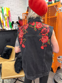 Black Denim Jean Vest - Deep Rose Appliqué