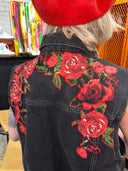 Black Denim Jean Vest - Deep Rose Appliqué