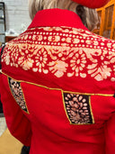 Red Crepe Jacket with Batik Scarf Accent - Punk the Sunday Country Estate