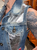Fitted Silver Painted Floral Accent Denim Vest - Punk Artwear Statement