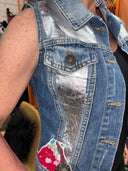 Fitted Silver Painted Floral Accent Denim Vest - Punk Artwear Statement