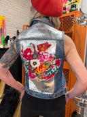 Fitted Silver Painted Floral Accent Denim Vest - Punk Artwear Statement