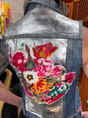 Fitted Silver Painted Floral Accent Denim Vest - Punk Artwear Statement