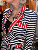 Luxury Blue and White Knit Jacket - Double-Breasted with Pearls and Jewels
