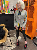 Gorgeous Grey Blazer – Multi-Color Tartan Inserts with Neon Button Flair