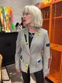 Gorgeous Grey Blazer – Multi-Color Tartan Inserts with Neon Button Flair