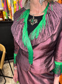 Chantung Silk Plum Skirt Suit – Kelly Green Tassel Hem & Sleeve for Statement Looks