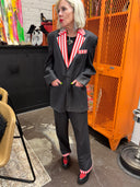 Punk Classic Charcoal Grey – Candy Striped Lapel, Pocket & Hem Trim for an Underground Edge
